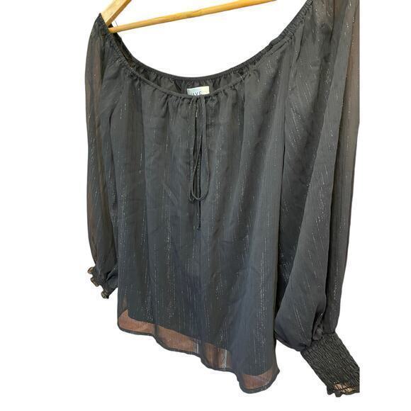 WAYF x BFF Sarah Silver Metallic & Black Off the Shoulder Top Sheer Long Sleeves - Picture 10 of 12